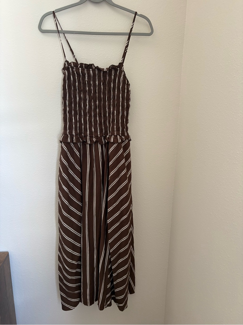 Forever 21 Brown and White Striped Smocked Midi Dress